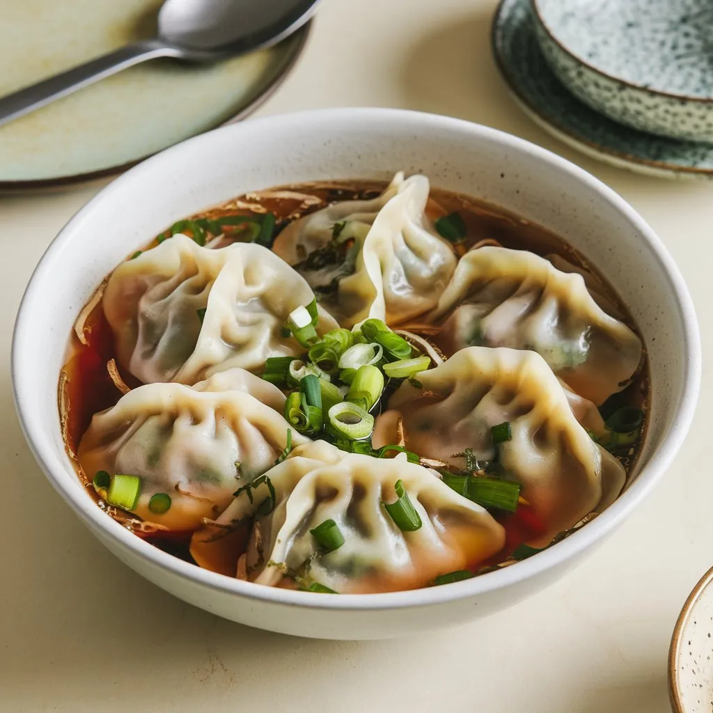 A bowl of good-looking vegan soup dumplings filled with vegetables, floating in a rich, dark soup garnished with green onions.