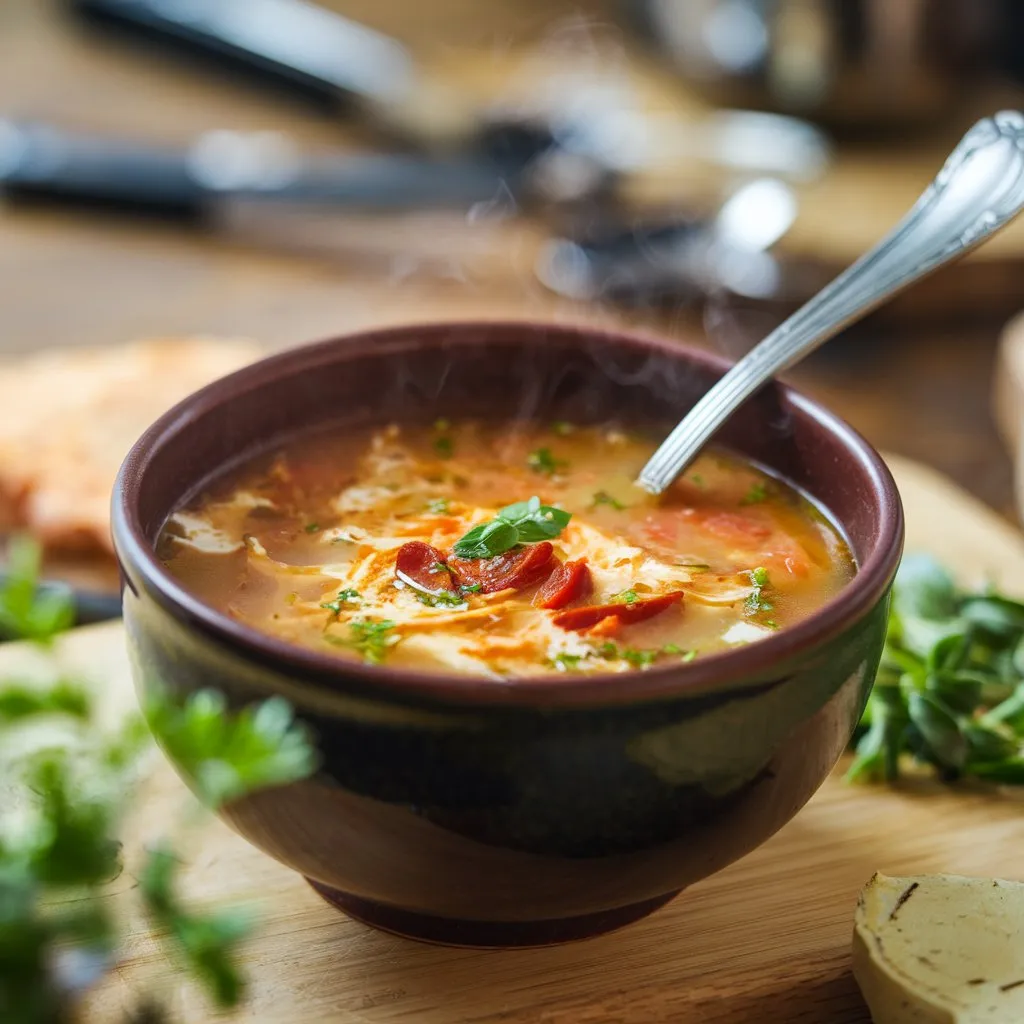 A bowl of hot soup with ingredients floating on top, placed on a wooden surface. A spoon rests in the bowl, garnished with fresh herbs and a blurred background of kitchen utensils.
