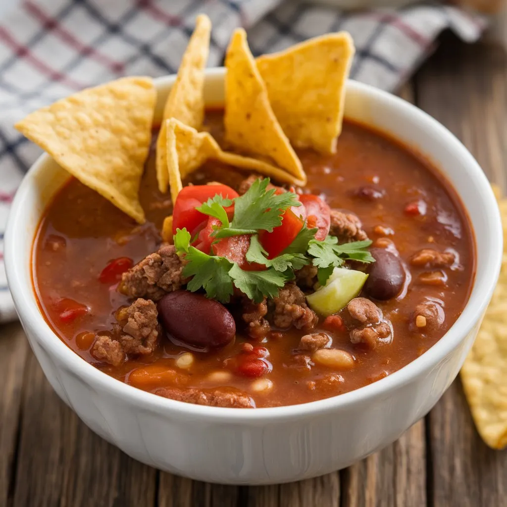 A bowl of flavorful Taco Soup Frios made with ground beef, kidney beans, tomatoes, and seasonings, topped with crispy tortilla chips.