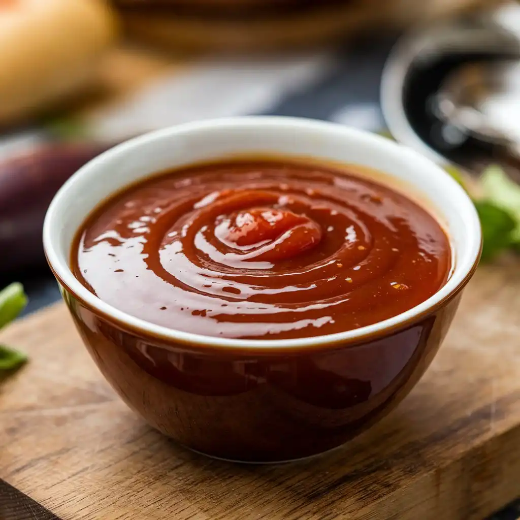 A bowl of Mark’s Pizza sweet sauce. The sauce is dark red with a glossy finish, and a few drops of oil are floating on the surface.