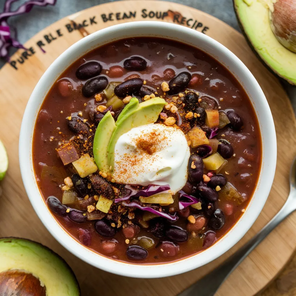 A bowl of purple black bean soup featuring black beans, purple cabbage, onions, garlic, and spices. Topped with avocado, sour cream, and a sprinkle of paprika, placed on a wooden board with text "purple black bean soup recipe".