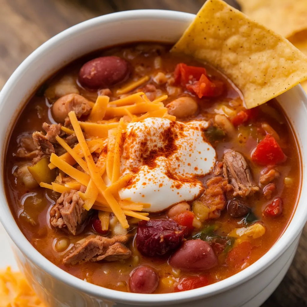 A bowl of taco soup with a five-star rating, topped with shredded cheese, sour cream, chili powder, and a tortilla chip, placed on a wooden surface.