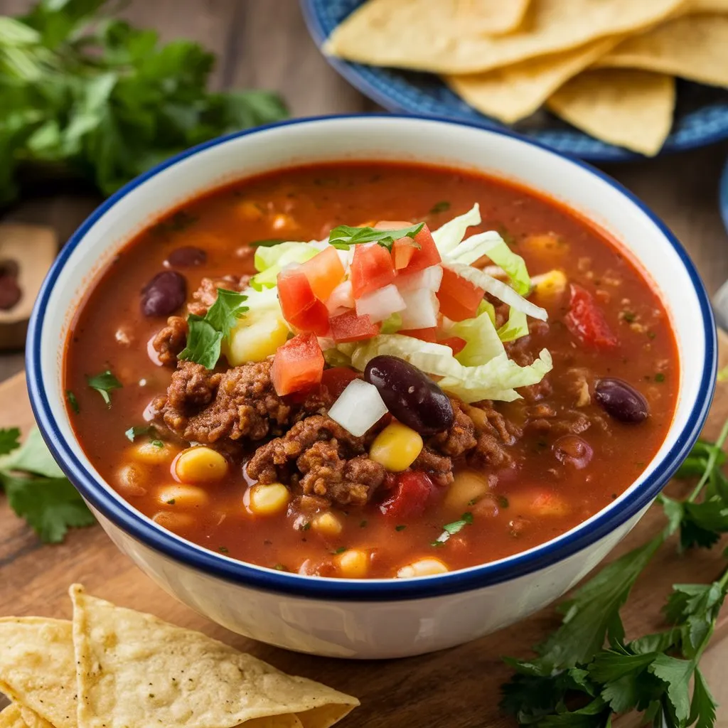 A bowl of taco soup with crispy tortilla strips, rich red color, ground beef, kidney beans, corn, tomatoes, and topped with diced onions, bell peppers, and shredded lettuce. Fresh cilantro and parsley are visible, with a side of tortilla strips on the wooden board.