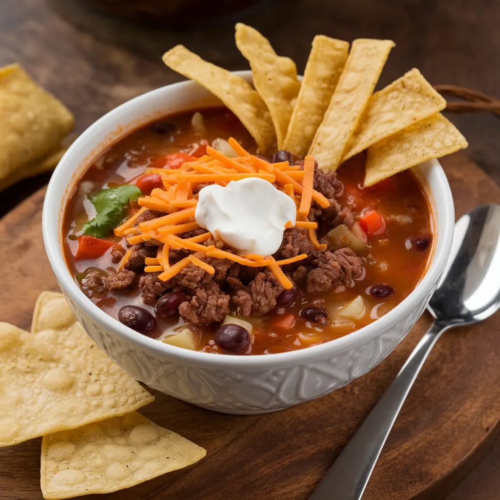 A bowl of taco soup with crispy tortilla strips, ground beef, beans, vegetables, cheese, and sour cream, served on a wooden board with tortilla chips and a spoon.