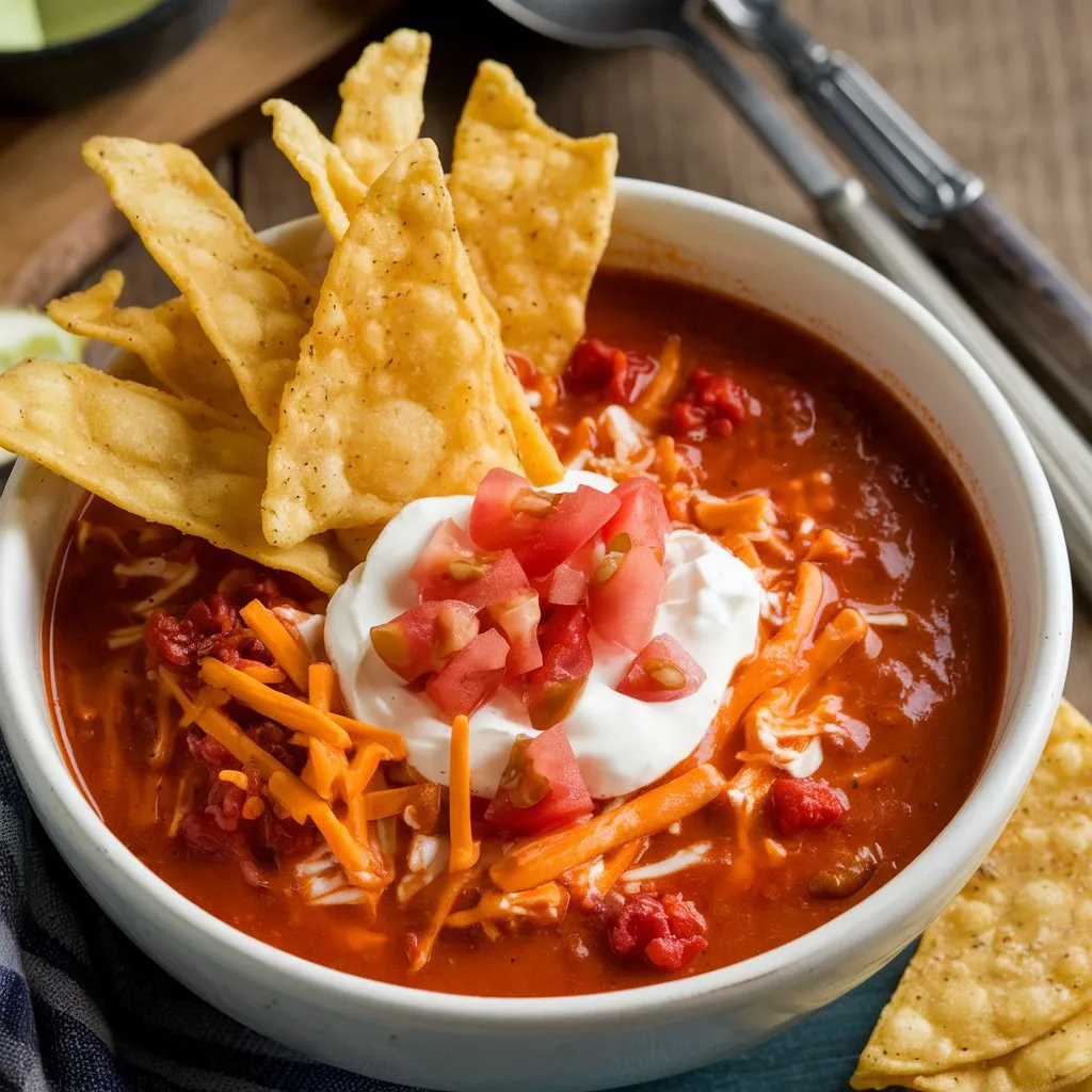 A bowl of spicy taco soup topped with shredded cheese, diced tomatoes, and sour cream, with golden brown fried tortilla strips sprinkled on top.