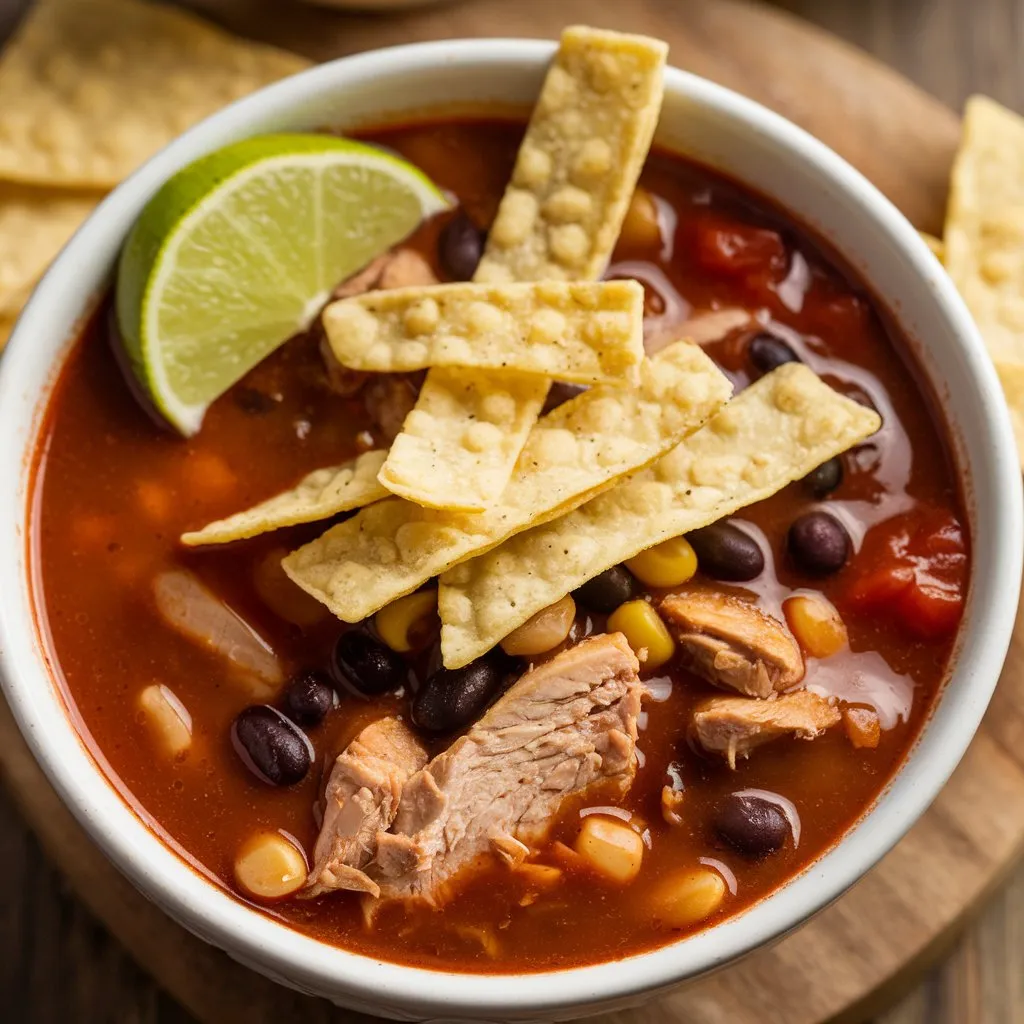 A bowl of taco soup with crispy tortilla strips, cooked chicken, black beans, tomatoes, corn, and a lime wedge, served on a rustic wooden board.