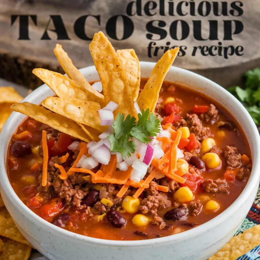 A bowl of taco soup topped with crispy tortilla strips, ground beef, beans, corn, tomatoes, cheese, and fresh cilantro on a rustic wooden board.