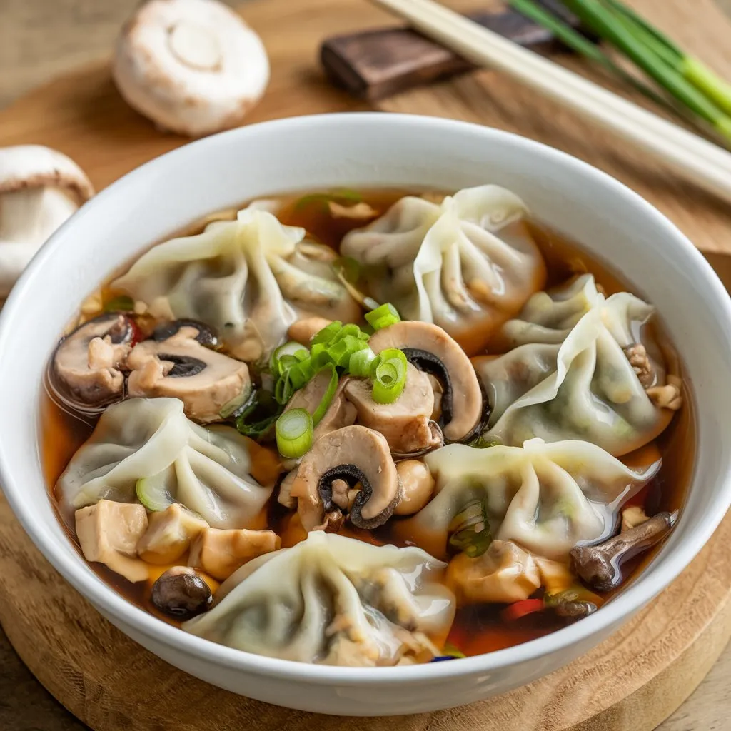 A bowl of vegan soup dumplings filled with mushrooms, tofu, and vegetables, floating in a rich, dark broth. Topped with mushrooms and green onions.