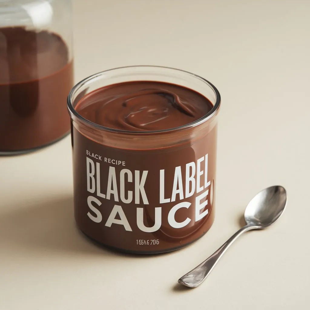 Bulk Black Label Chocolate Sauce in a large container with a spoon next to it. Clean and simple background.