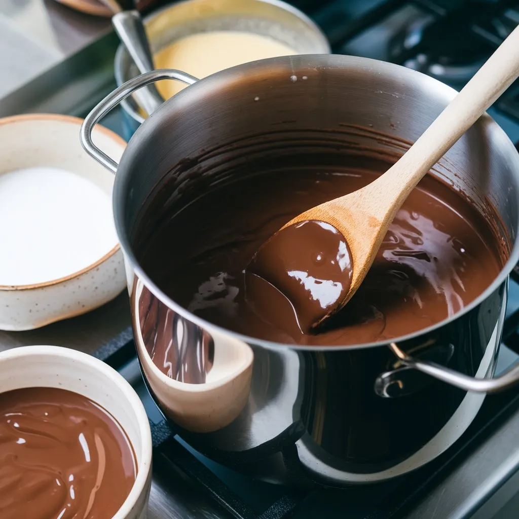 Bulk Black Label Chocolate Sauce recipe in a large pot on the stove. Made with sugar, butter, cream, vanilla extract, and cocoa powder. Wooden spoon in the pot, bowls of sauce on the counter.