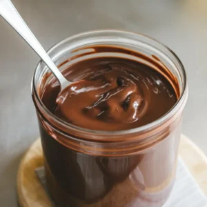 Bulk recipe for Black Label Chocolate Sauce in a large container with a spoon. Clean, neutral background.