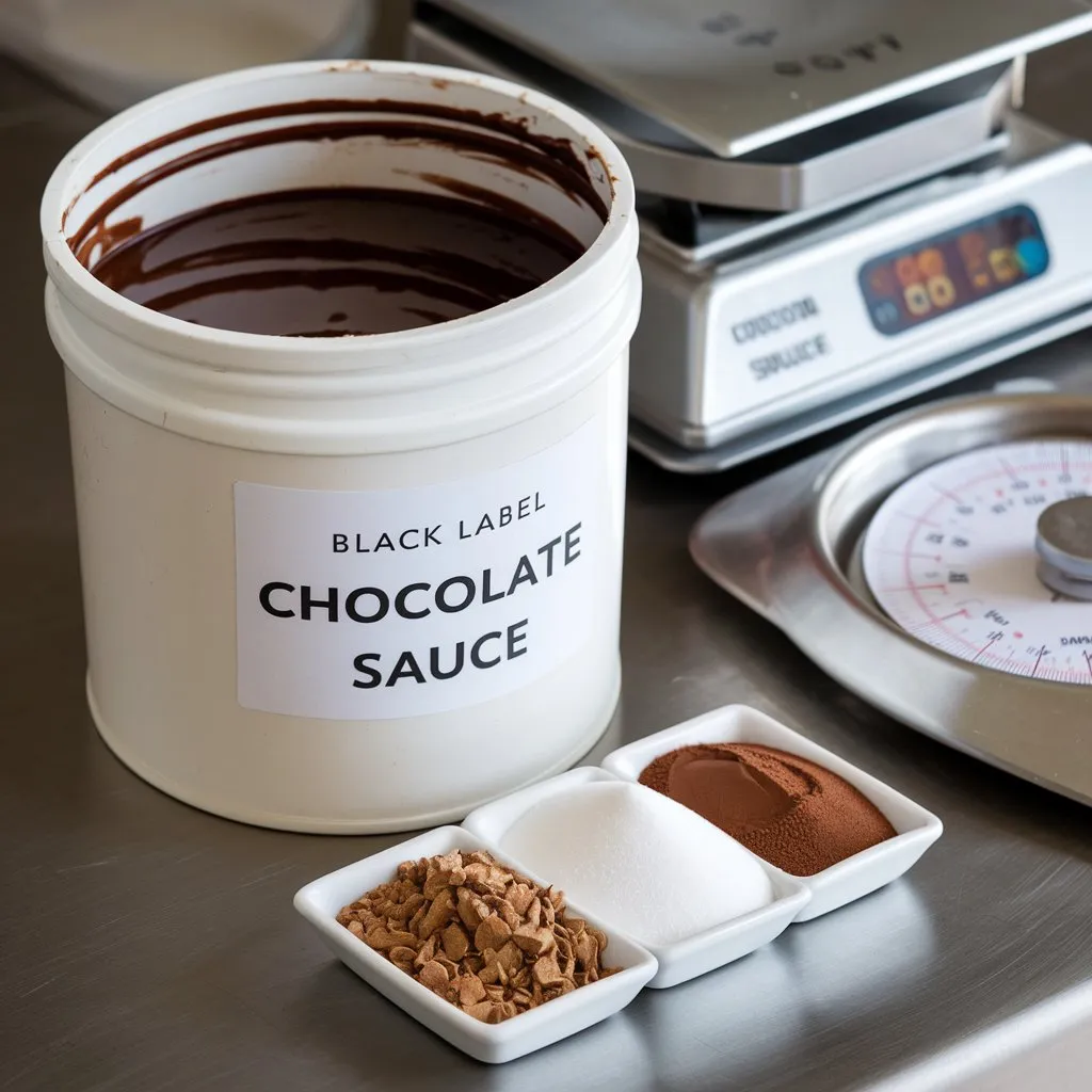 Bulk Black Label Chocolate Sauce in a white container with a label. The container sits beside a scale with cocoa powder and sugar arranged nearby.