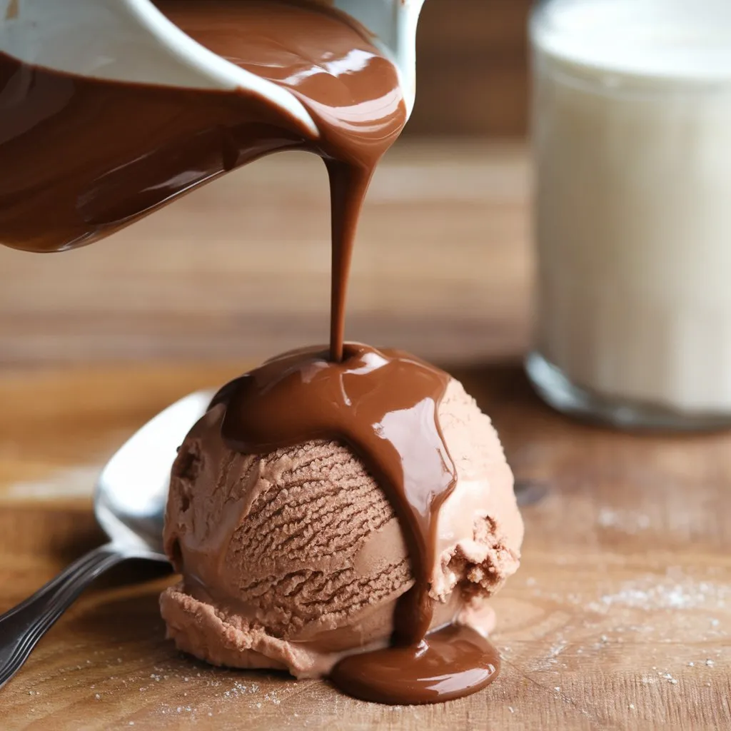 Bulk Black Label Chocolate Sauce being poured over a scoop of ice cream. Ingredients include cocoa powder, sugar, and milk. A spoon is next to the ice cream. Wooden surface background.