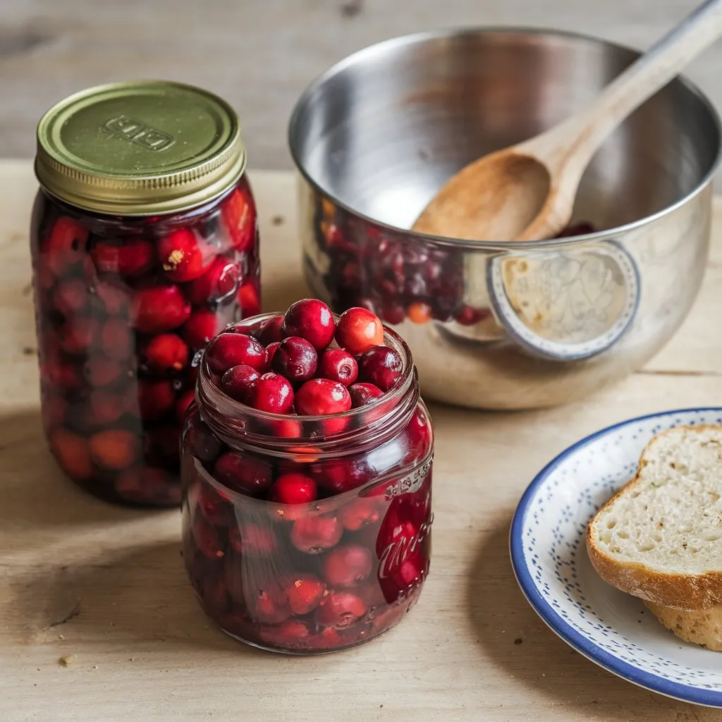 A photo of a canned cherries and cranberries recipe featuring a jar of canned cherries and a jar of cranberries. A mixing bowl with a wooden spoon sits next to the jars, with a plate of bread nearby. The background is a rustic wooden surface.