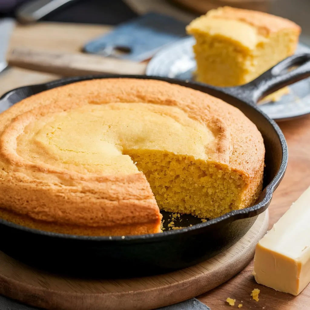 A cast iron skillet filled with golden Southern cornbread featuring a crispy crust and soft, fluffy interior.