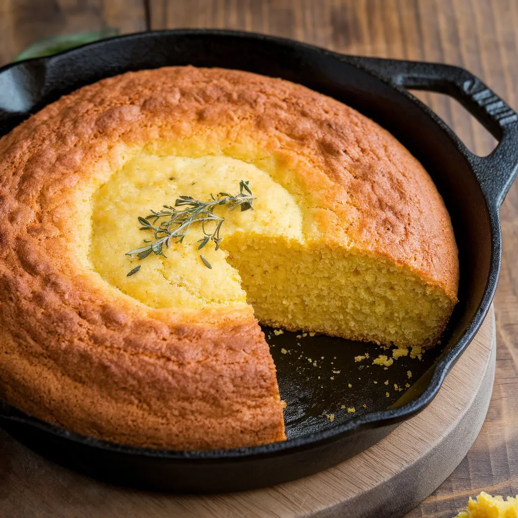 A cast iron skillet filled with golden-brown Southern cornbread made with beef tallow, featuring a crispy, flaky crust and a soft, fluffy interior with a sprinkle of herbs.