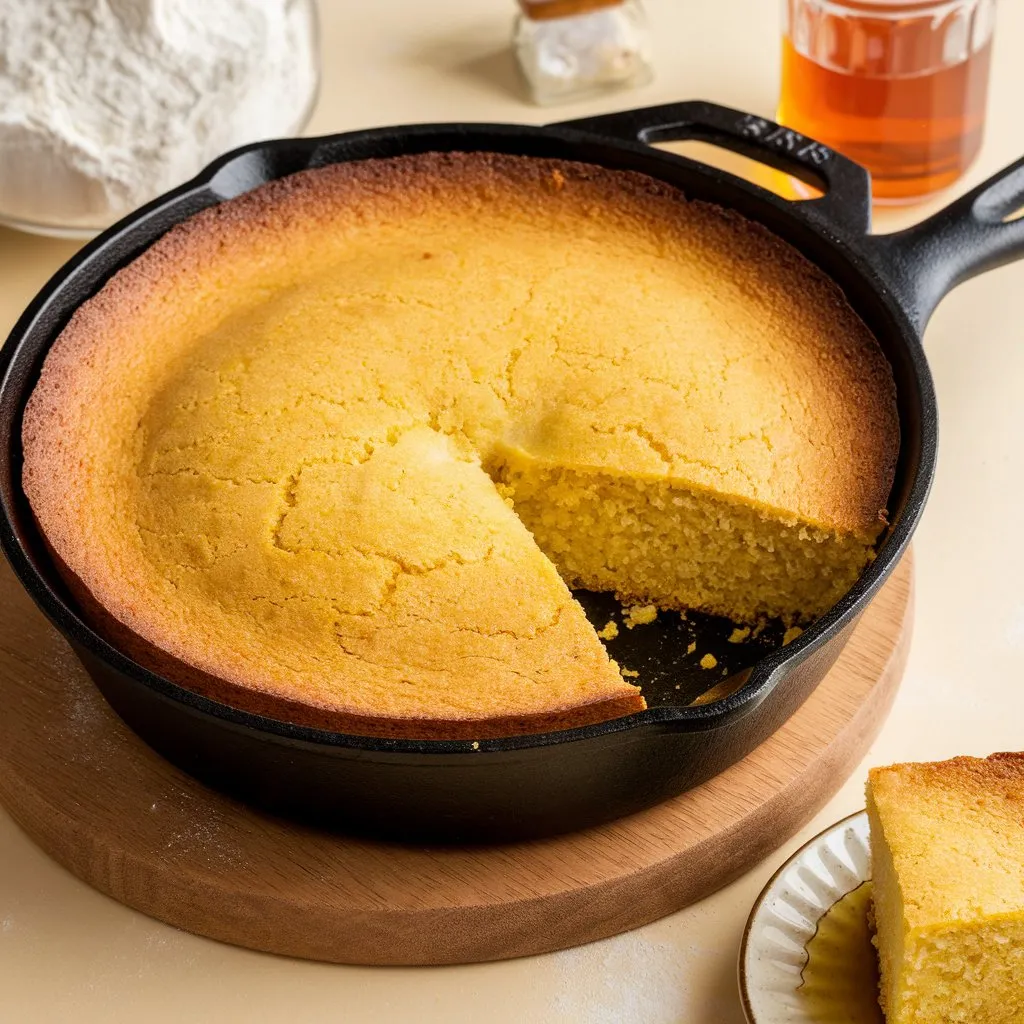 A cast iron skillet filled with Southern cornbread, featuring a golden-brown crust and a slightly crispy exterior. A piece of cornbread is removed, drizzled with honey, and placed on a plate.