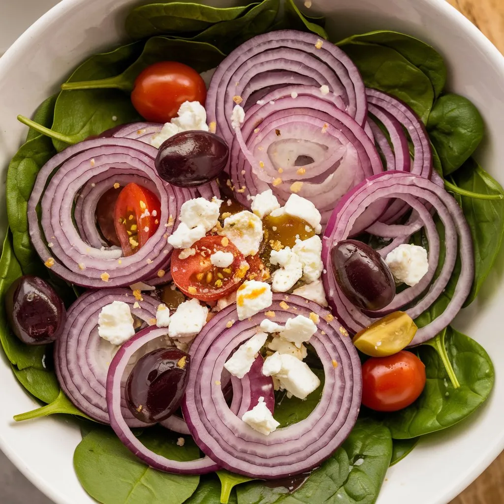 A bowl of Cebolla Ensalada featuring thinly sliced red onions soaked in red wine vinegar, served on a bed of baby spinach. Topped with olives, cherry tomatoes, and crumbled feta cheese, dressed with a red wine vinaigrette made from red wine vinegar, olive oil, Dijon mustard, honey, salt, and pepper.