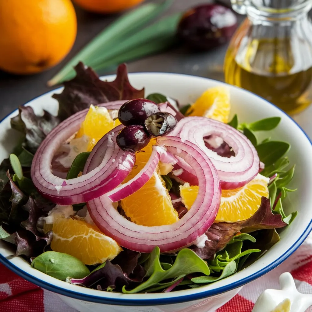 A bowl of Cebolla Ensalada featuring red onions, oranges, olives, and mixed greens, topped with a dressing made of olive oil, vinegar, and seasonings. The background includes fresh oranges and olives.