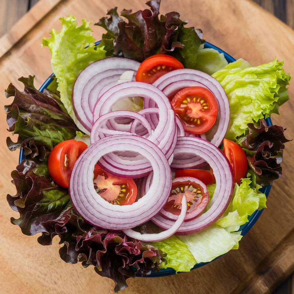 A bowl of Cebolla Ensalada featuring chopped yellow onions, red tomatoes, and cucumbers. A jar of pickled onions is placed beside the bowl, set on a wooden surface.