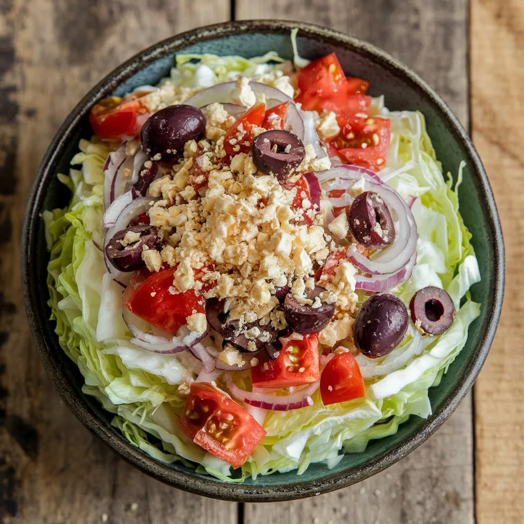 A bowl of Cebolla Ensalada featuring shredded cabbage, chopped onions, diced tomatoes, black olives, olive oil, vinegar, seasonings, and crumbled cheese, placed on a wooden surface.