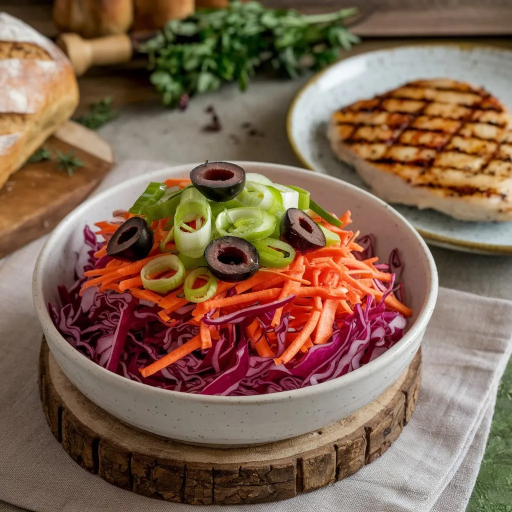 A bowl of Cebolla Ensalada with shredded red cabbage, carrots, sliced green onions, and black olives, placed on a wooden base. Next to the bowl is a plate with grilled chicken breast, set against a rustic background with herbs and a loaf of bread.