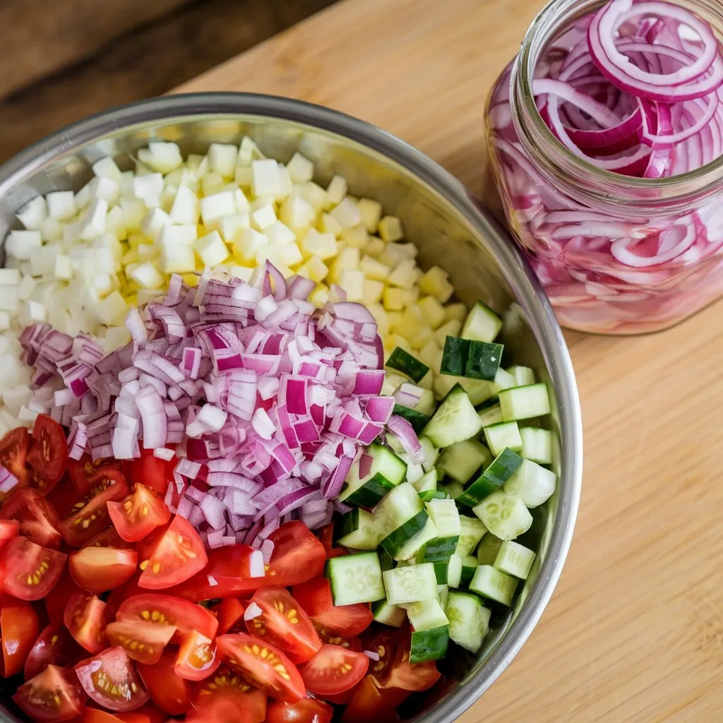 A bowl of Cebolla Ensalada featuring red onions, oranges, olives, and mixed greens, topped with a dressing made of olive oil, vinegar, and seasonings. The background includes fresh oranges and olives.