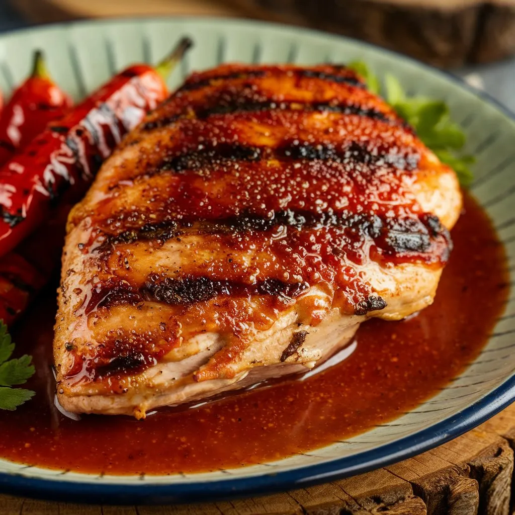 Grilled chicken breast with a crispy crust and grilled red peppers on a rustic wooden board.