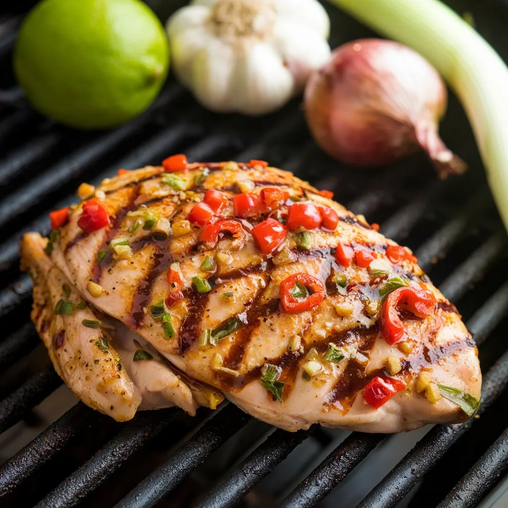 Chicken breast marinated in San Antonio Grilled Red Pepper Mexican marinade, seasoned with spices like red pepper, garlic, onion, cumin, and oregano. Rubbed with lime juice, olive oil, and soy sauce, placed on a grill with ingredients like lime, garlic, and onion in the background.