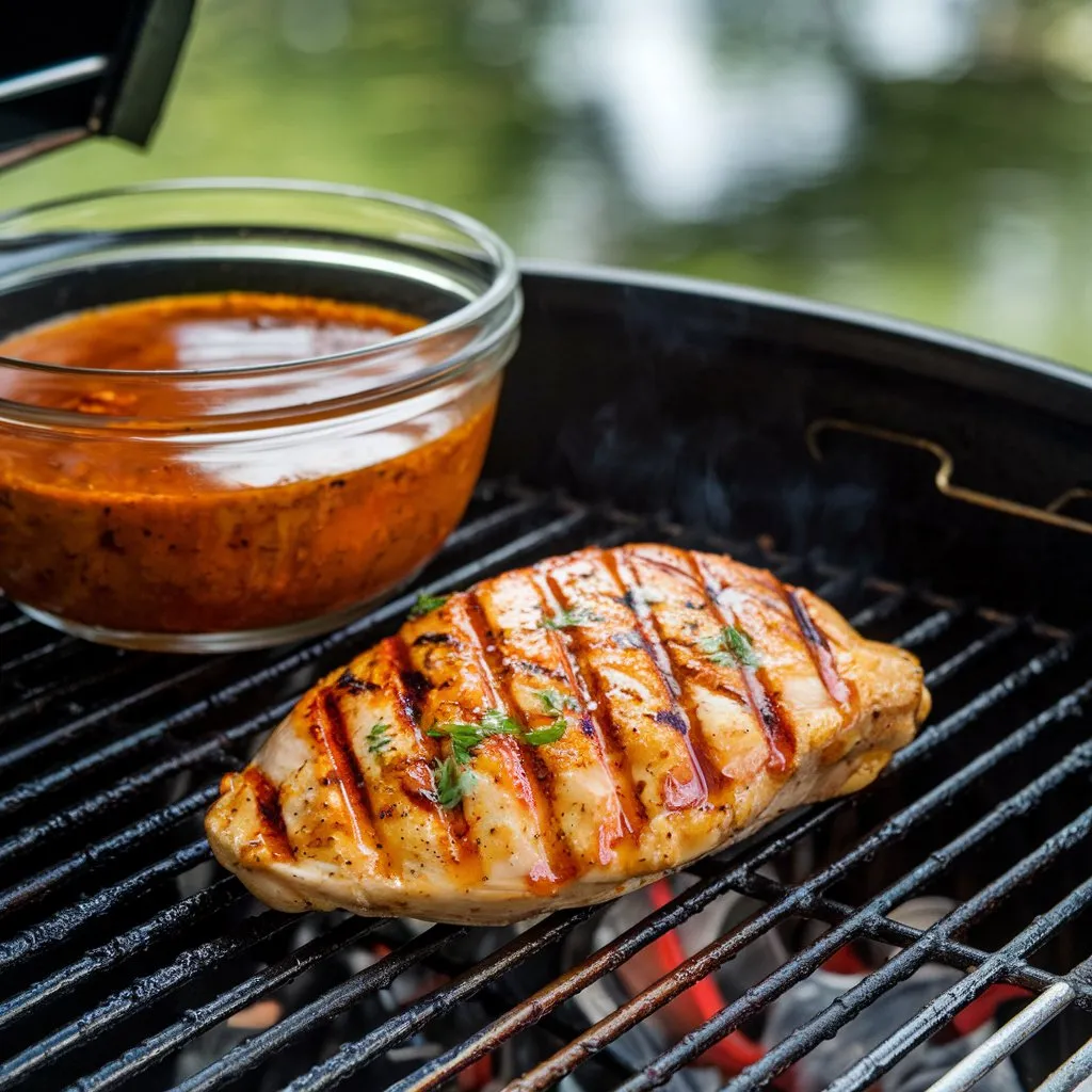 Juicy grilled chicken with a golden crust, served with grilled red peppers on a rustic wooden board.