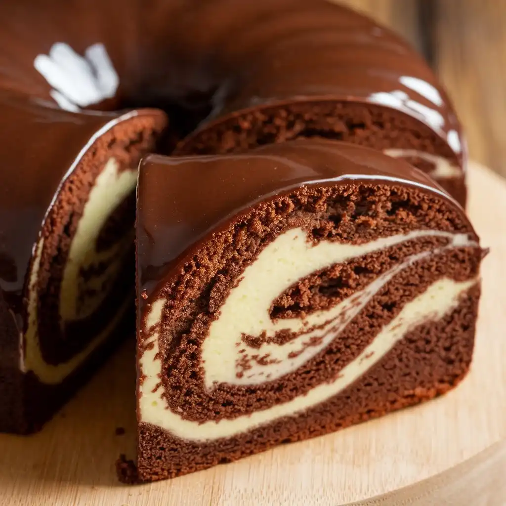 A photo of a chocolate cream cheese pound cake with a glossy glaze on top, sliced to reveal a moist, dense interior with a swirled pattern of chocolate and cream cheese.