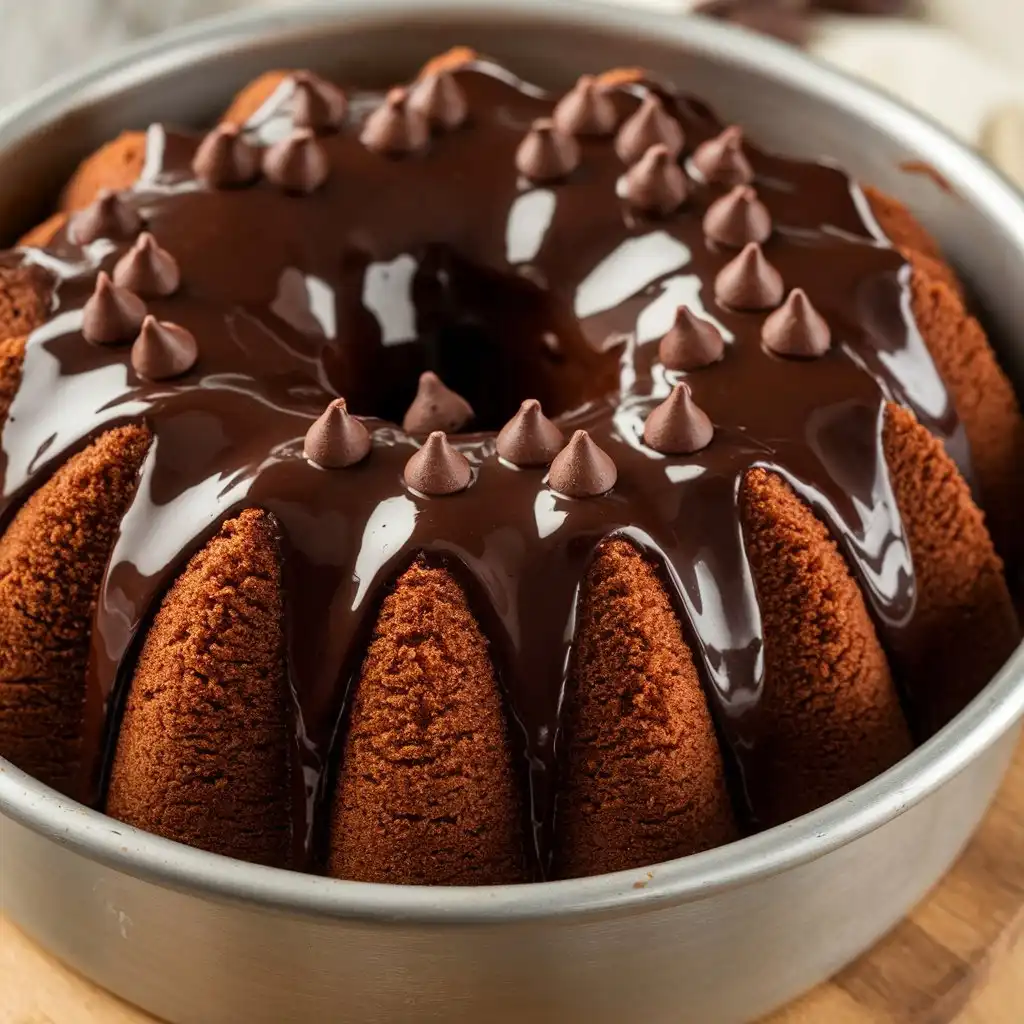 A photo of a chocolate cream cheese pound cake in a baking pan with a glossy chocolate ganache topping. The ganache has dripped down the sides, and chocolate chips are scattered on top. The cake has a crumbly texture, and the background is a wooden board.