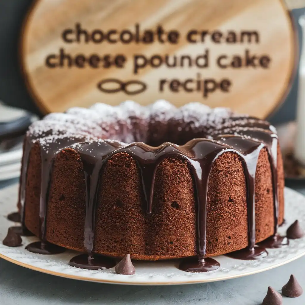 A photo of a chocolate cream cheese pound cake with a chocolate glaze, topped with powdered sugar, placed on a white plate. Chocolate chips are scattered around the cake. The background includes a wooden board with the text "chocolate cream cheese pound cake recipe".