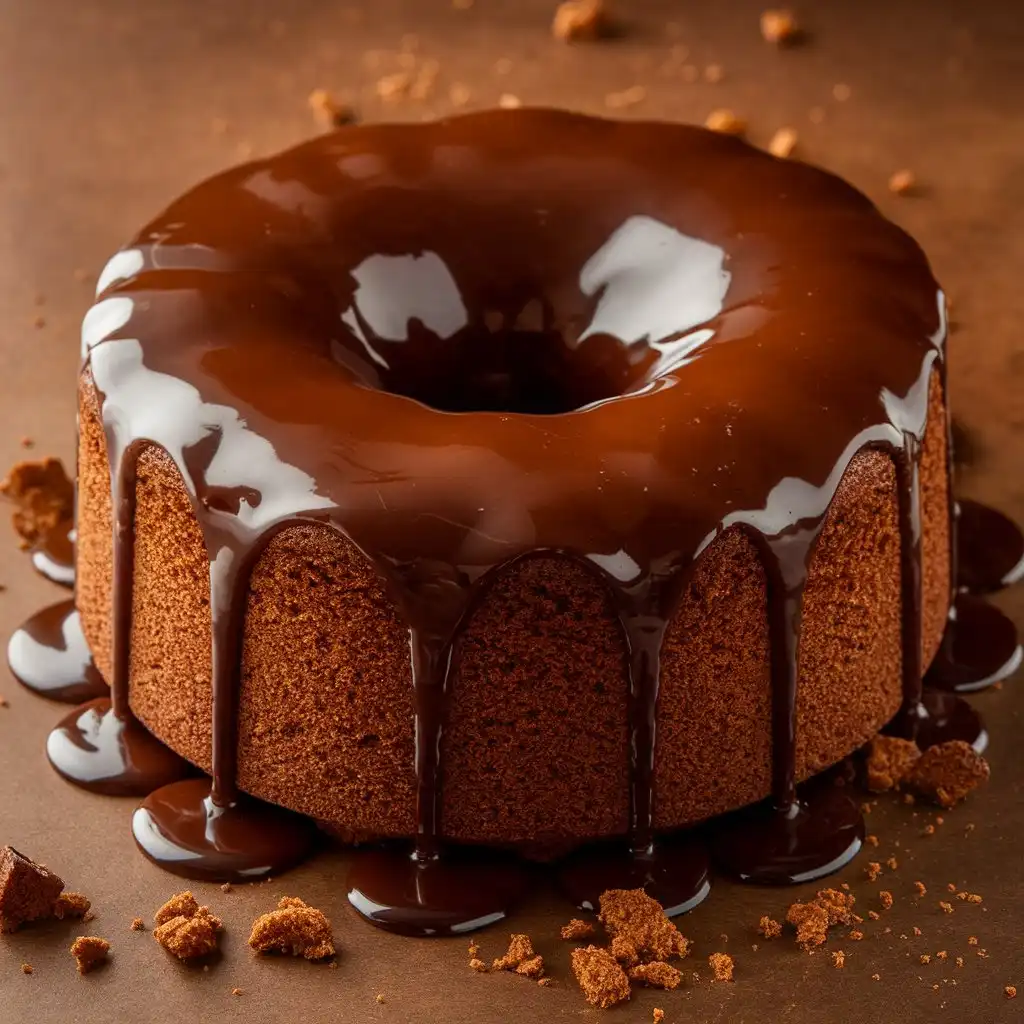 A photo of a chocolate cream cheese pound cake with a glossy glaze on top. The cake has a rich, dark brown color with a slightly cracked surface, and the glaze is smooth and shiny.