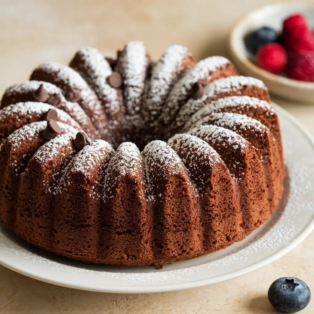 A photo of a chocolate cream cheese pound cake featuring a rich, dark brown color topped with a dusting of powdered sugar and chocolate chips. The cake is served on a white plate with berries on the side. Chocolate Cream Cheese Pound Cake Recipe.