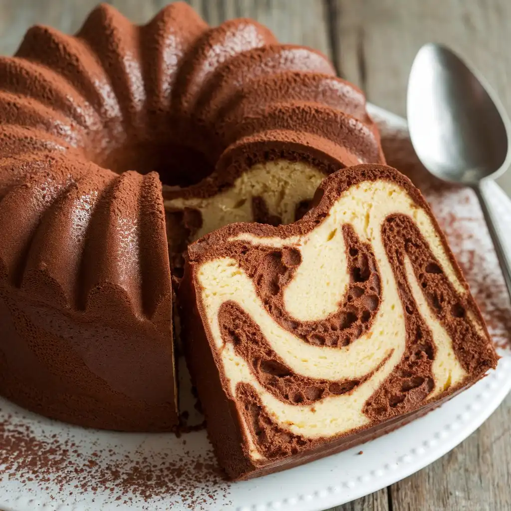 A photo of a chocolate cream cheese pound cake with a glossy, rich brown exterior. The cake is sliced, revealing a soft, creamy interior with chocolate swirls. The cake is placed on a white plate, dusted with cocoa powder, and a spoon is beside it. The background is a wooden surface.