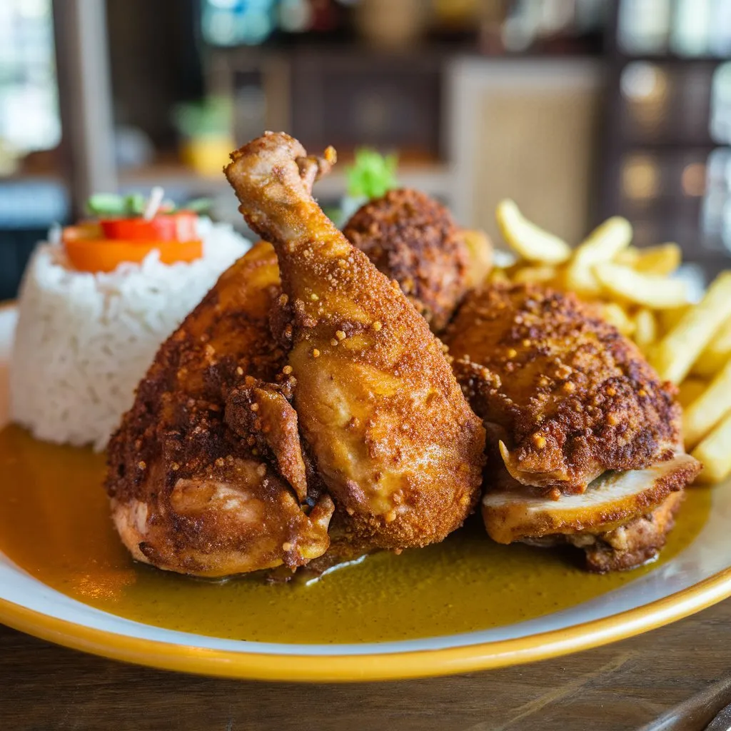 Churu Chicken Amarillo dish with golden yellow sauce, crispy fried chicken, served with white rice and French fries.