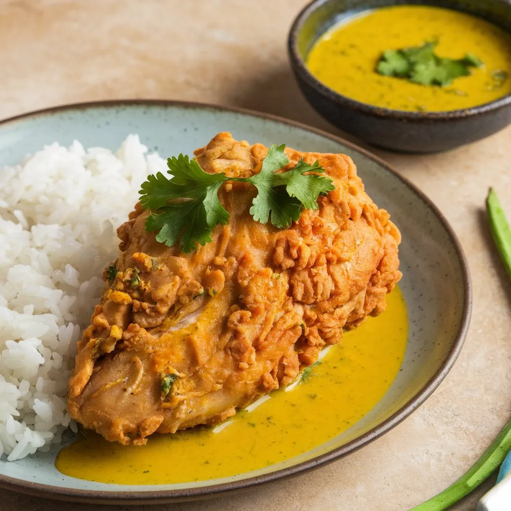 A plate of Churu Chicken Amarillo featuring golden fried chicken breast with yellow curry sauce, white rice, and cilantro garnish.