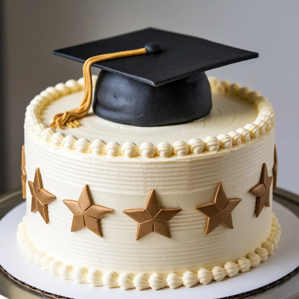 A classic vanilla graduation cake iced with smooth vanilla buttercream, decorated with a piped border, edible gold stars, and a fondant graduation cap on a round stand.