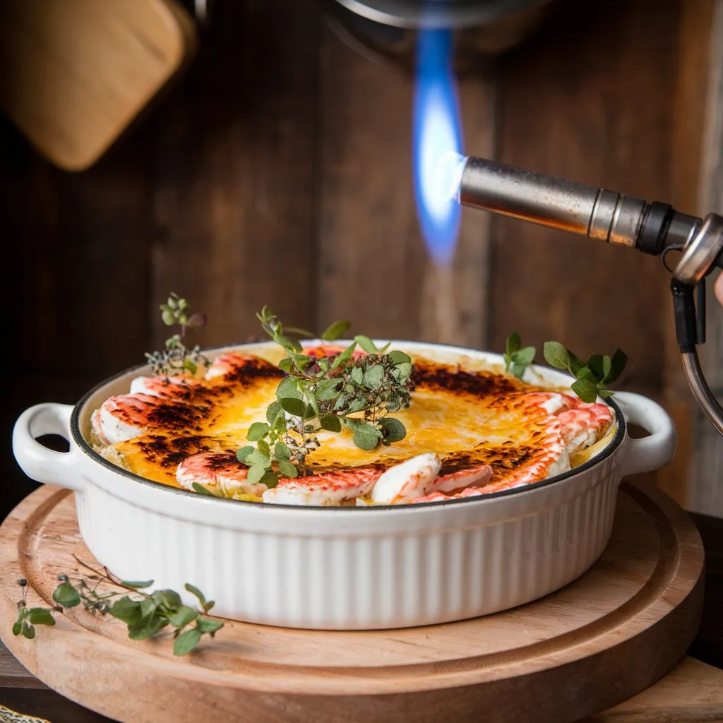 Crab brûlée with cheese topped and browned using a blowtorch, garnished with fresh herbs, served on a wooden board in a rustic kitchen setting.