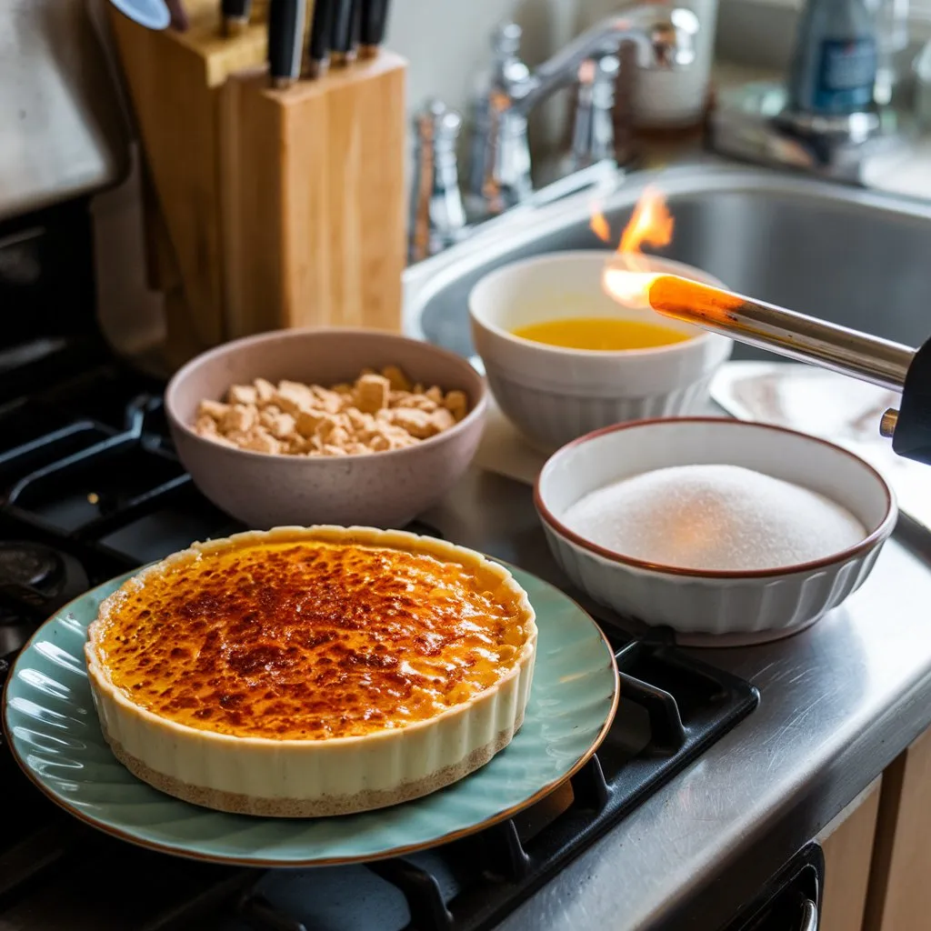 Crab brûlée preparation with caramelized crust, graham cracker crumbs, and a kitchen torch.