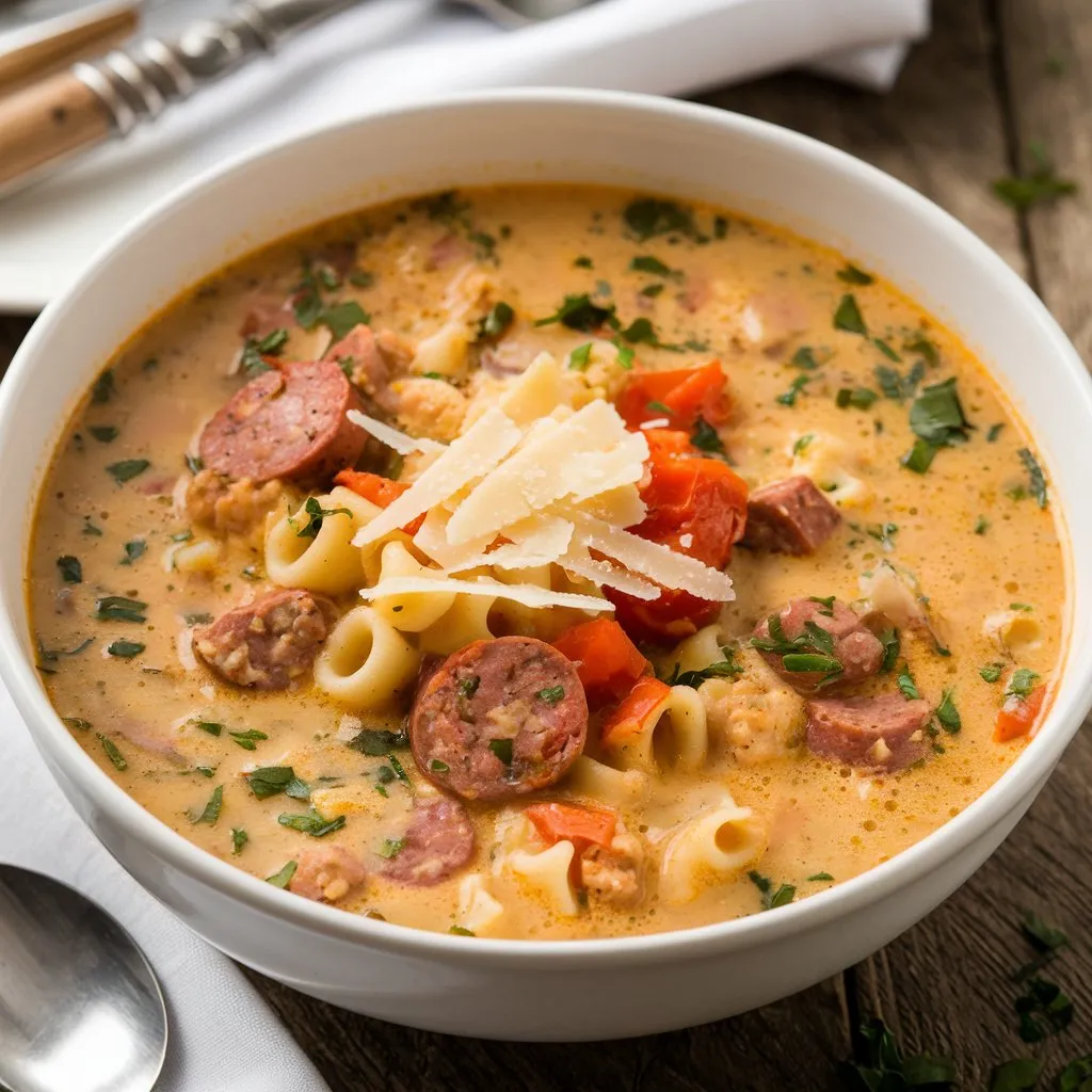 A creamy Parmesan Italian sausage soup served in a white bowl, featuring chunks of Italian sausage, pasta, and vegetables with a sprinkle of Parmesan cheese on top.