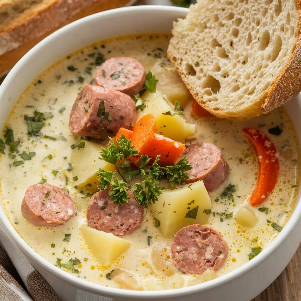 A creamy Parmesan Italian sausage soup with chunks of Italian sausage, potatoes, and carrots, topped with fresh parsley, served with a slice of crusty bread on a wooden surface.