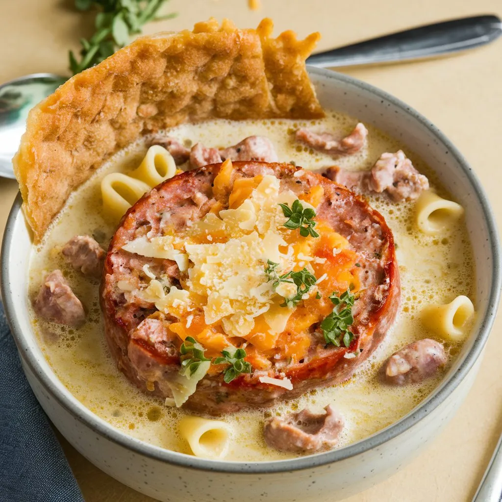 A creamy Parmesan Italian sausage soup with a golden crust, featuring Italian sausages, pasta, and grated Parmesan cheese, set against a simple background with herbs and a spoon.