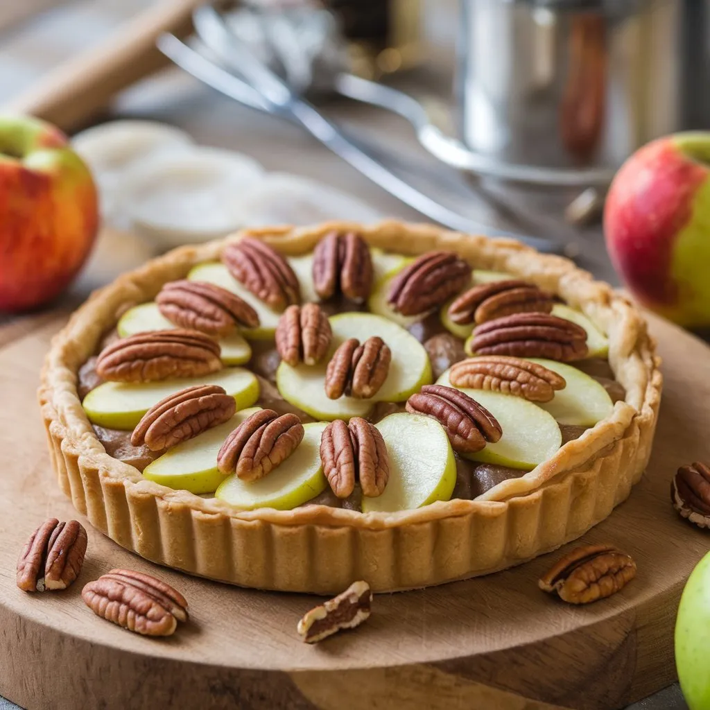 Danish pastry tart with apples and pecans, placed on a wooden board with fresh apples and pecans scattered around.