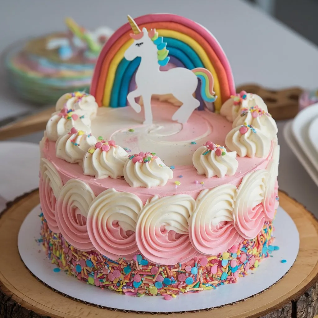  Delicious unicorn cake with rainbow swirl, pink and white design, unicorn topper, sprinkles, and edible glitter on a wooden board.