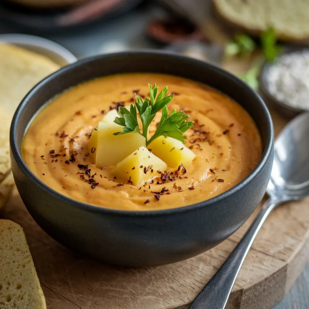 A delicious bowl of creamy Benignis Potato Soup with chunks of potatoes and fresh parsley on top.