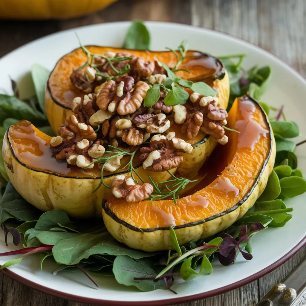 A delicious Kabocha Squash Vegan Recipe featuring roasted kabocha squash topped with toasted walnuts and drizzled with a maple glaze. Served over a bed of fresh greens and garnished with herbs on a rustic wooden table.