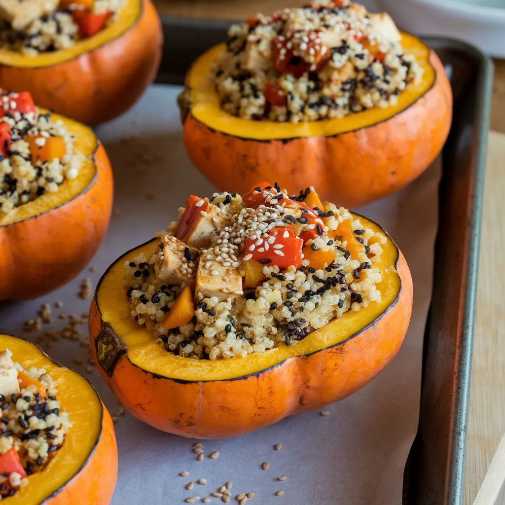 A delicious Kabocha Squash Vegan Recipe featuring roasted Kabocha squash halves filled with a mixture of quinoa, tofu, and vegetables, topped with sesame seeds.