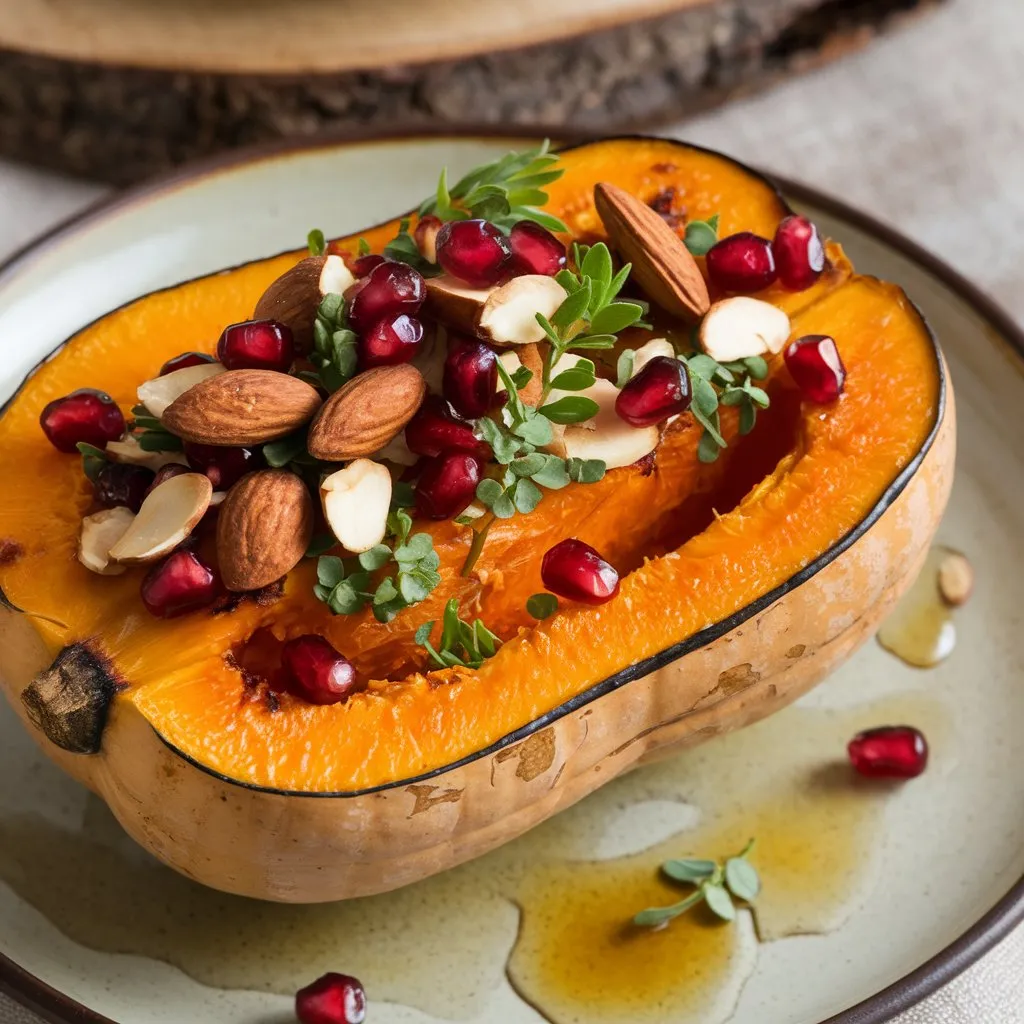 A delicious vegan Kabocha Squash recipe featuring roasted Kabocha squash wedges, topped with brown sugar and cinnamon. The deep orange squash is served on a rustic wooden board, garnished with fresh herbs, surrounded by kitchen tools in a rustic setting.